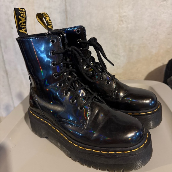 Dr. Martens Shoes - Dr. Martens Black Holographic Lace-Up Platform Boots